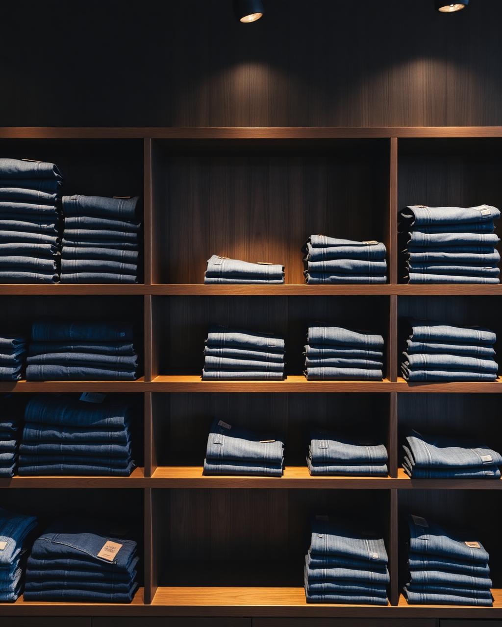 Wall of folded denim jeans on wooden shelves in Sayko Textile showroom