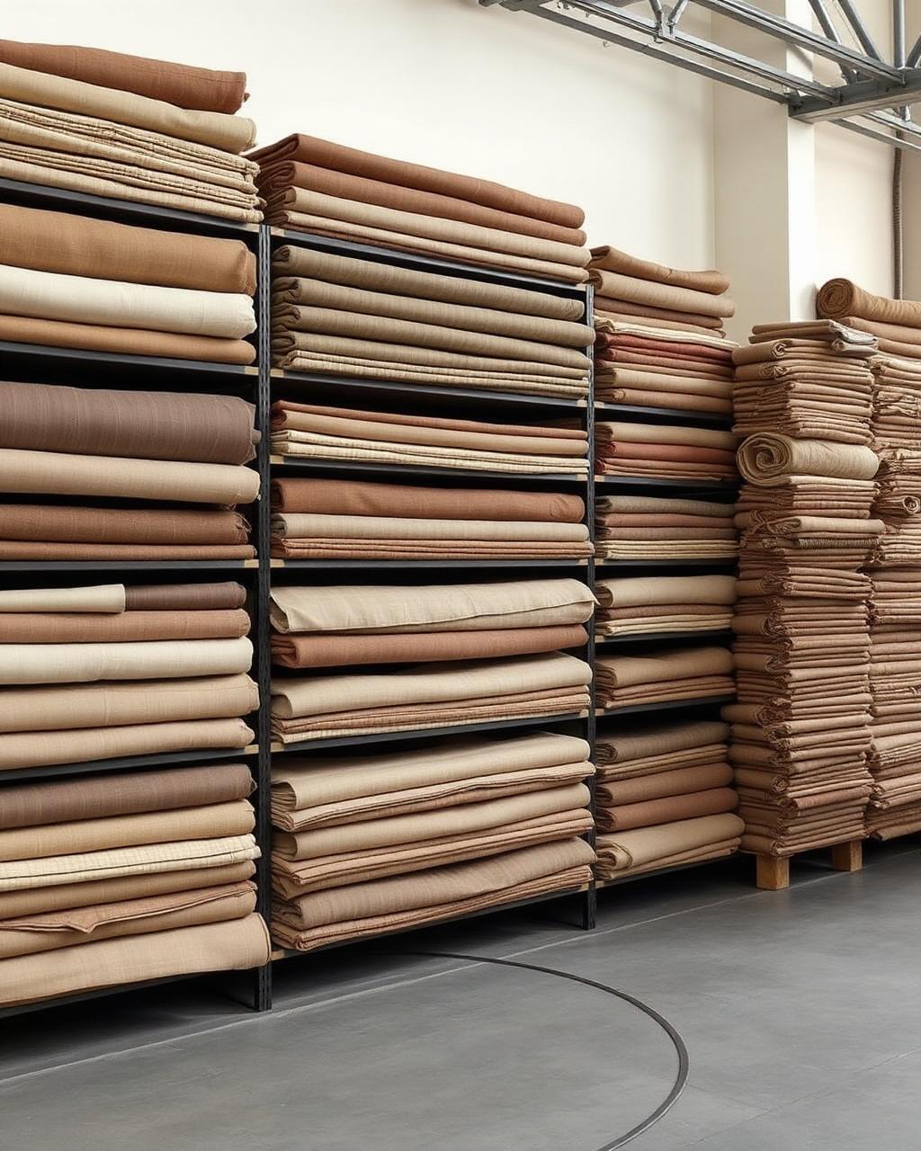 Sayko Textile fabric library with stacked rolls of cloth in earth tones