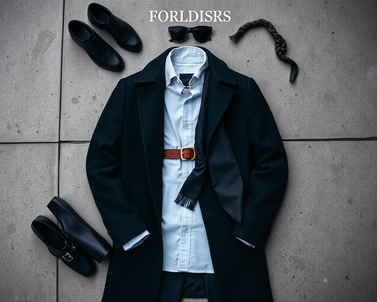 Flatlay of Sayko Textile menswear: wool overcoat, oxford shirt, leather belt, scarf
