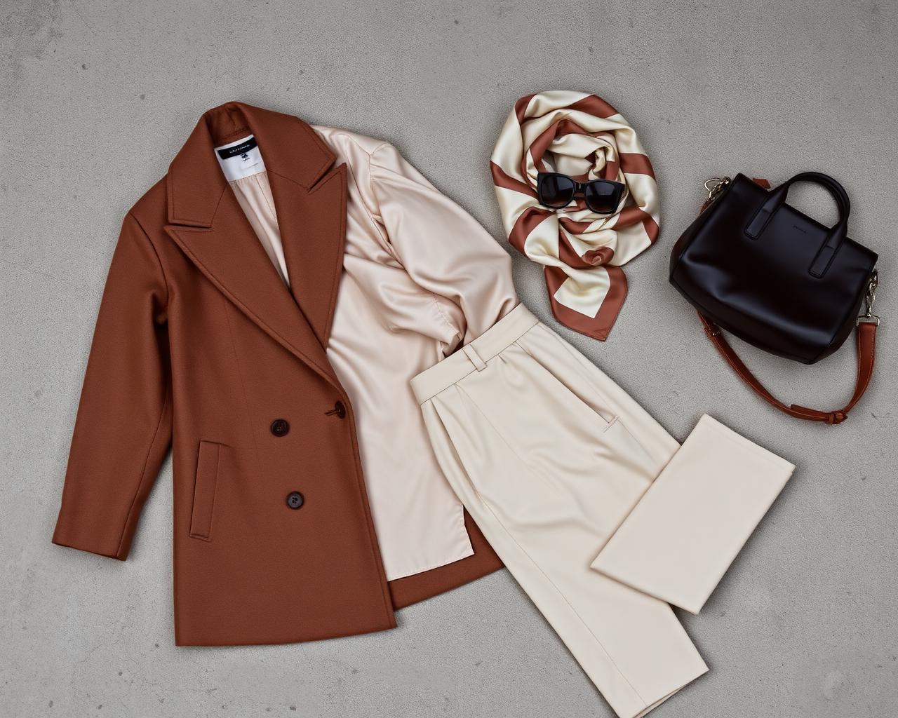 Flatlay of Sayko Textile womenswear: terracotta coat, silk blouse, trousers, handbag
