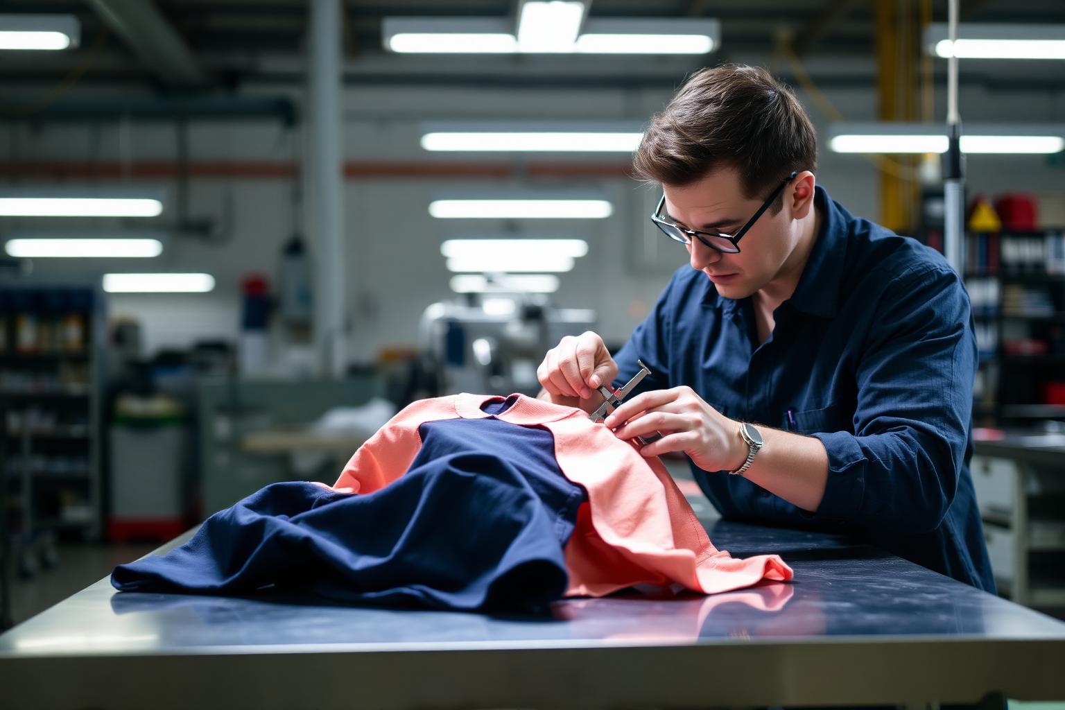 Quality control inspector measuring a finished garment