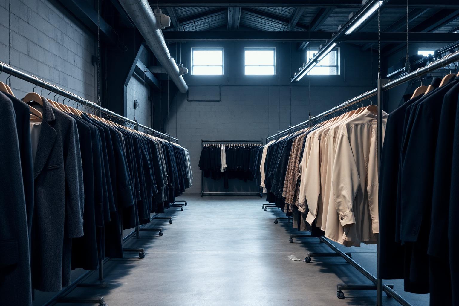 Sayko Textile showroom rolling racks with menswear and womenswear samples